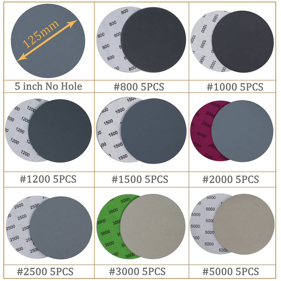 40PCS 5 inch No Hole #800-#5000 Wet Dry Sanding Discs 800 1000 1200 1500 2000 2500 3000 5000 Grit Sandpaper Compatible for Random Orbital Sanders (#800-#5000 8Kind Grit Each 5PCS)