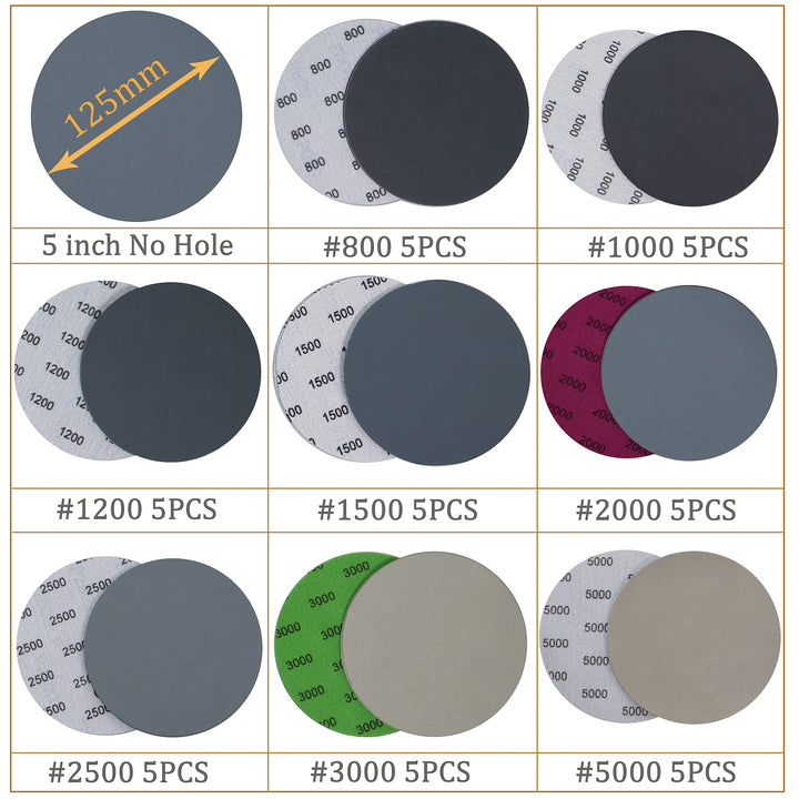 40PCS 5 inch No Hole #800-#5000 Wet Dry Sanding Discs 800 1000 1200 1500 2000 2500 3000 5000 Grit Sandpaper Compatible for Random Orbital Sanders (#800-#5000 8Kind Grit Each 5PCS)