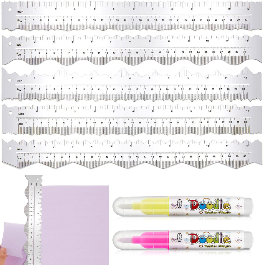 5 Pcs Deckle Edge Ruler Paper Tearing Ruler Craft Ruler for Cutting Paper 12 Inch Paper Cut Tool Deckled Edge Paper Cutter with 2 Watercolor Marker for Wave Irregular Edges (Acrylic)