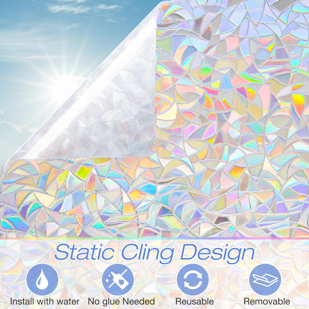Window Privacy Film, Rainbow Window Film Decorative 3D Window Clings Non Adhesive Window Tint for Home, Stained Glass Window Film for Glass, UV Blocking, 17.5 x 78.7 inches