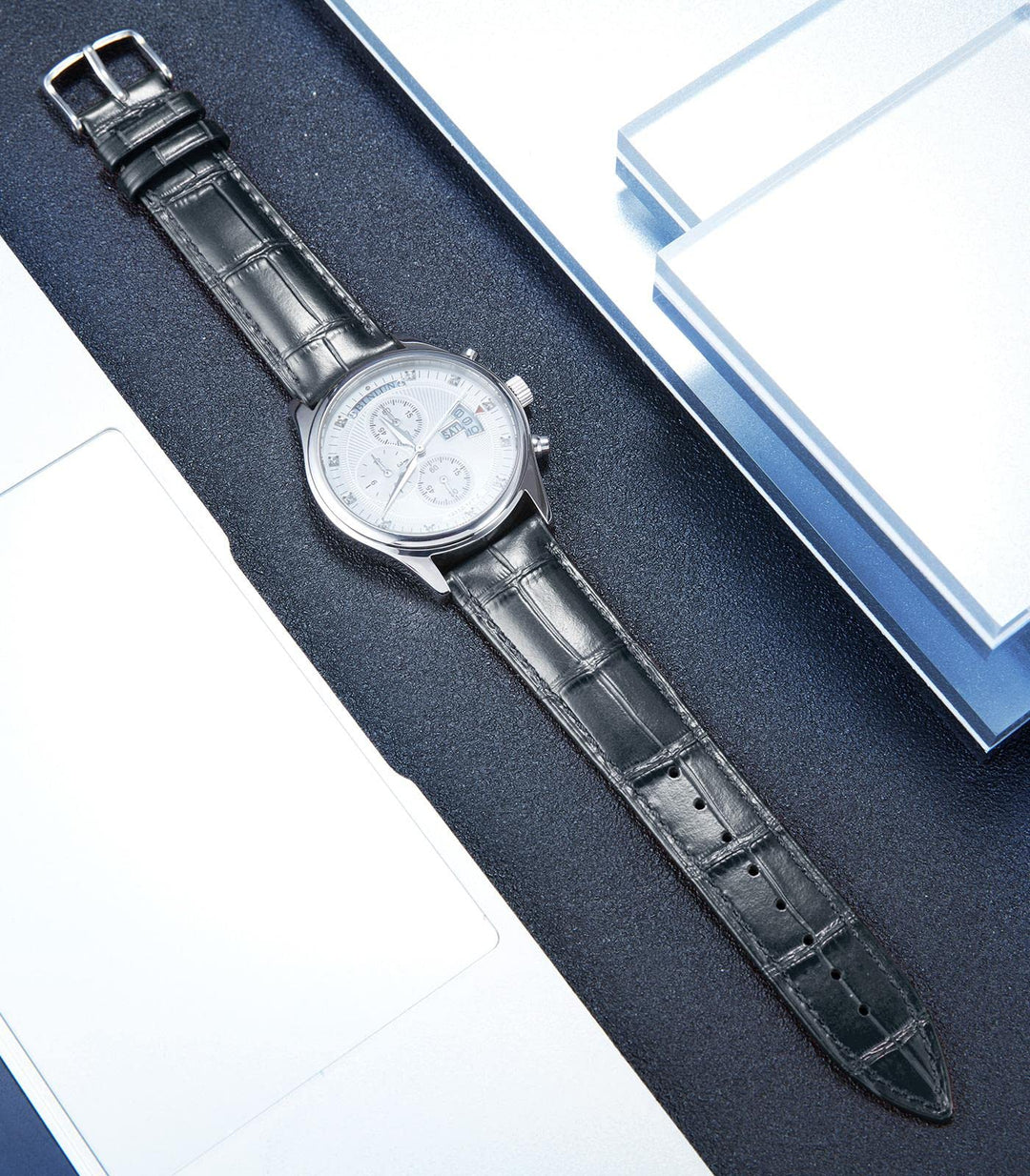 Leather Watch Band Genuine Calfskin Replacement Watch Strap Quick Release Crocodile Pattern 10 Colors 13 Sizes for Men Women(Black,22MM)