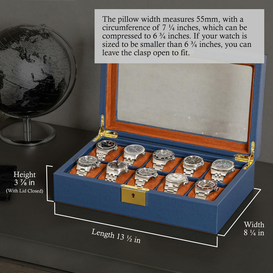 10 Slot Leather Watch Box - Luxury Watch Case Display Jewelry Organizer - Locking Watch Display Case Holder with Large Glass Top - Watch Box Organizer for Men and Women (Blue/Tan)