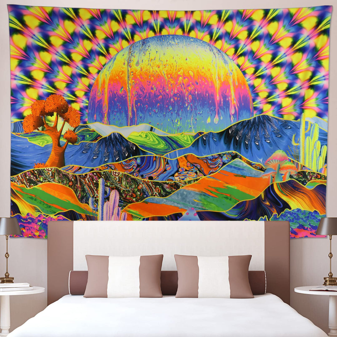 Blacklight Tapestry Planet and Mountains Trippy Tapestry UV Reactive Neon Tapestries Wall Hanging Tapestry for Living Room Dorm Decor W78×H59