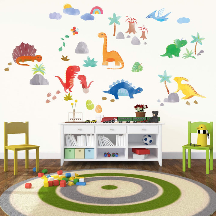 Watercolor Dinosaurs Jurassic Park Peel and Stick Wall Art Sticker Decals for Boys Room / Nursery / Classroom / Playroom