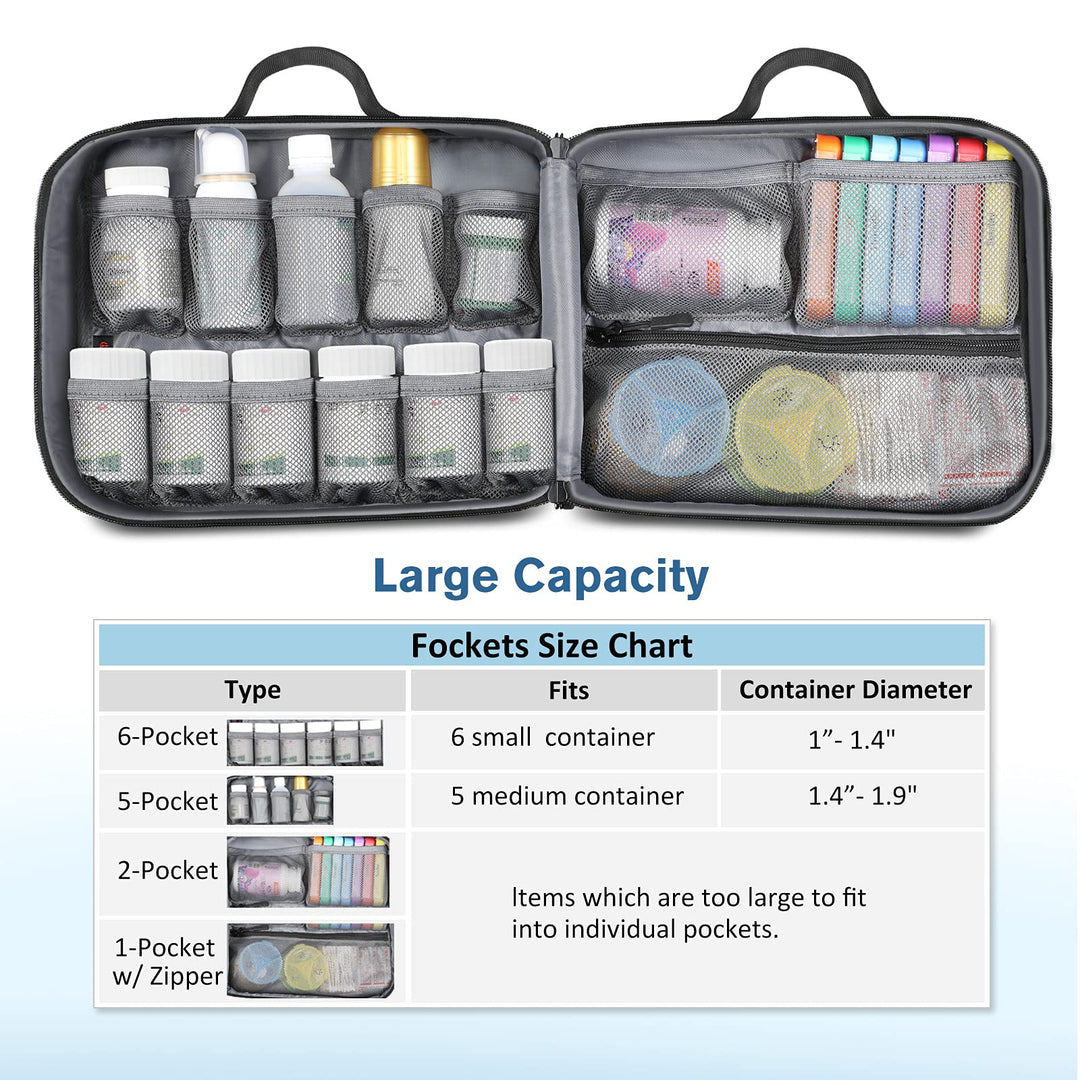 Pill Bottle Organizer Medicine Storage Bag Medication Travel Carrying Case Manager with Handle, Fixed Pockets for Medications, Vitamins, Medical Supplies, Black