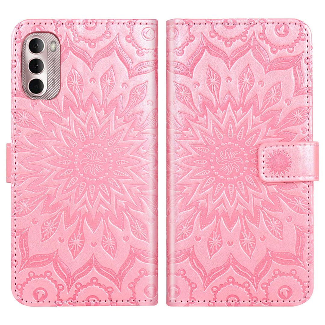 Phone Case for Moto G Stylus 5G 2022 Wallet with Tempered Glass Screen Protector and Sunflower Leather Slim Flip Cover Card Holder Stand Cell Accessories Motorola GStylus G5 XT2215DL Women Rose Gold