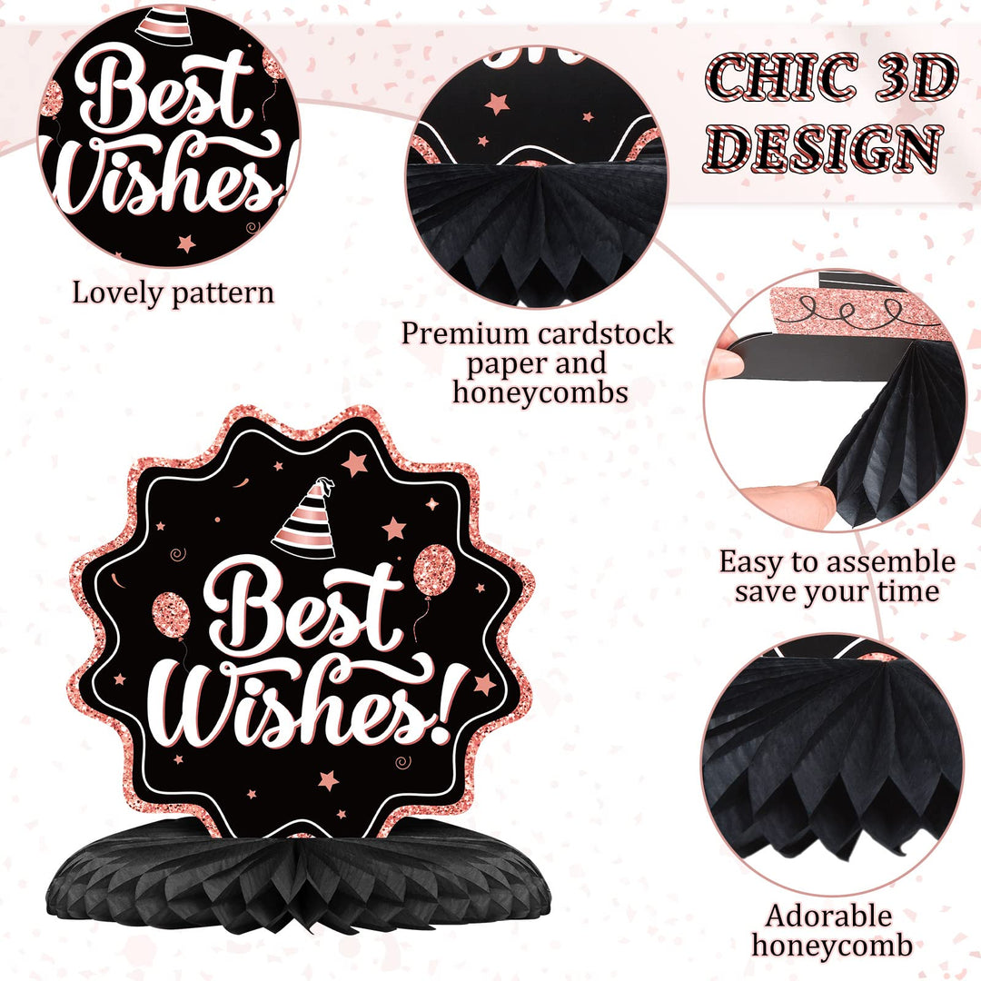 12 Pieces Happy Birthday Decorations Birthday Honeycomb Centerpieces for Table Decorations Birthday Honeycomb Table Topper for Women Men Birthday Theme Party Supplies (Rose Gold, Black)