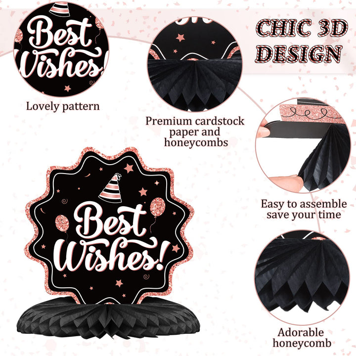 12 Pieces Happy Birthday Decorations Birthday Honeycomb Centerpieces for Table Decorations Birthday Honeycomb Table Topper for Women Men Birthday Theme Party Supplies (Rose Gold, Black)