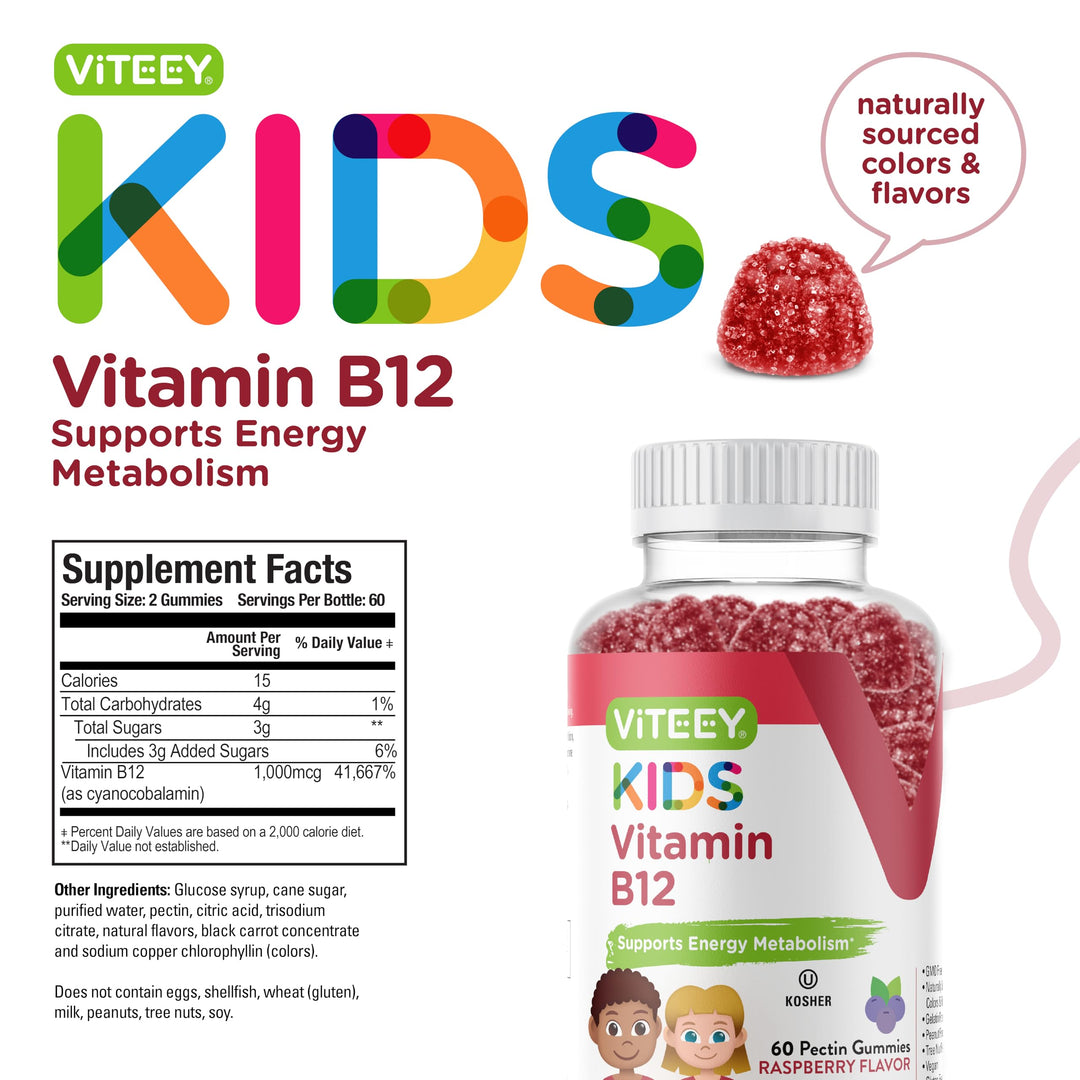 Vitamin B12 for Kids Gummies, 1000mcg - Metabolism, Natural Energy Support - Vegan, Gelatin Free, Gluten Free, GMO Free - Tasty Chewable B12 Raspberry Flavored Gummy