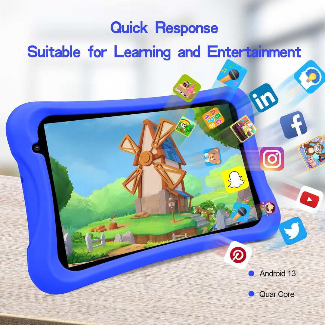 8 inch Kids Tablet, Quad Core Android Tablet, 64GB, WiFi, Bluetooth, Dual Camera, Educationl, Games,Parental Control, Kids Software with Kids-Tablet Case(Blue)