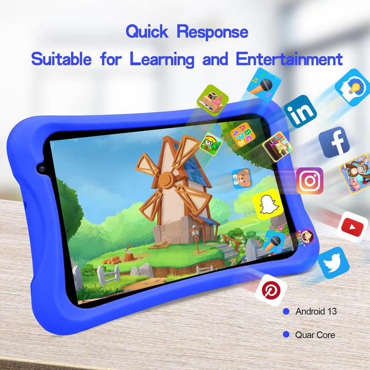 8 inch Kids Tablet, Quad Core Android Tablet, 64GB, WiFi, Bluetooth, Dual Camera, Educationl, Games,Parental Control, Kids Software with Kids-Tablet Case(Blue)