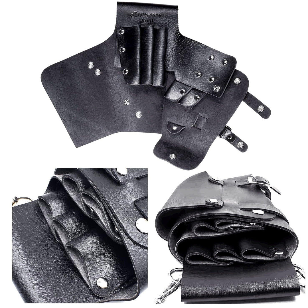 Black PU leather hairdressing scissors holder case holster pouch, hairdresser scissors belt bag, barber tool belt, salon hairdresser tool case bag for scissors combs, clippers, hair clips