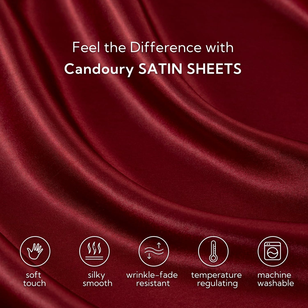 Satin Sheets Bed Set 4 Pcs, CK Size Silky Bedding Set, Soft and Durable Pillowcase Cover, Flat Sheet and Fitted Sheet, Hotel Luxury Bed Sheets Set (California King, Burgundy)
