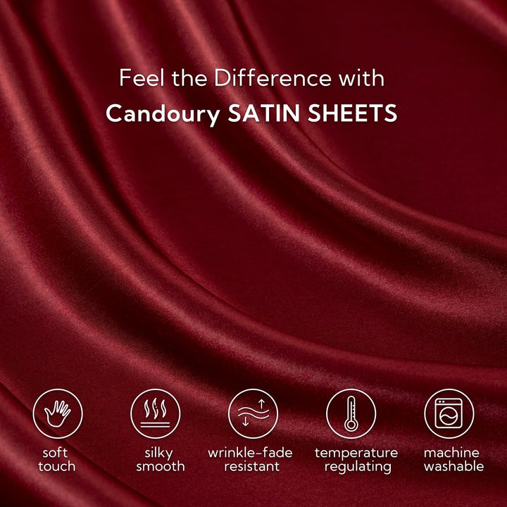 Satin Sheets Bed Set 4 Pcs, CK Size Silky Bedding Set, Soft and Durable Pillowcase Cover, Flat Sheet and Fitted Sheet, Hotel Luxury Bed Sheets Set (California King, Burgundy)