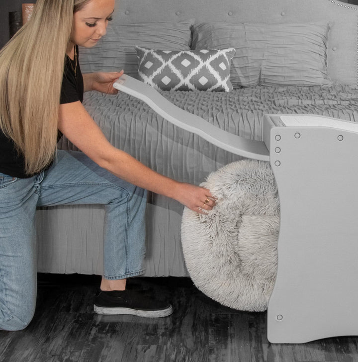 Easy Step Bed Stair for Cats/Dogs, Adjusts to Either Side of Bed, Removable Washable Carpet Treads, Storage Compartment, for Pets Up to 75lbs,New Essential Gray