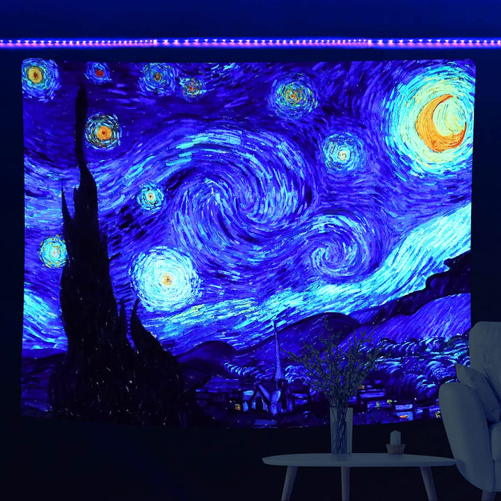 Blacklight Tapestry Starry Night by Van Gogh Wall Art Decor for Bedroom Aesthetic, Abstract Hippie Trippy Wall Hanging UV Reactive Fabric Poster for Living Room Dorm Décor