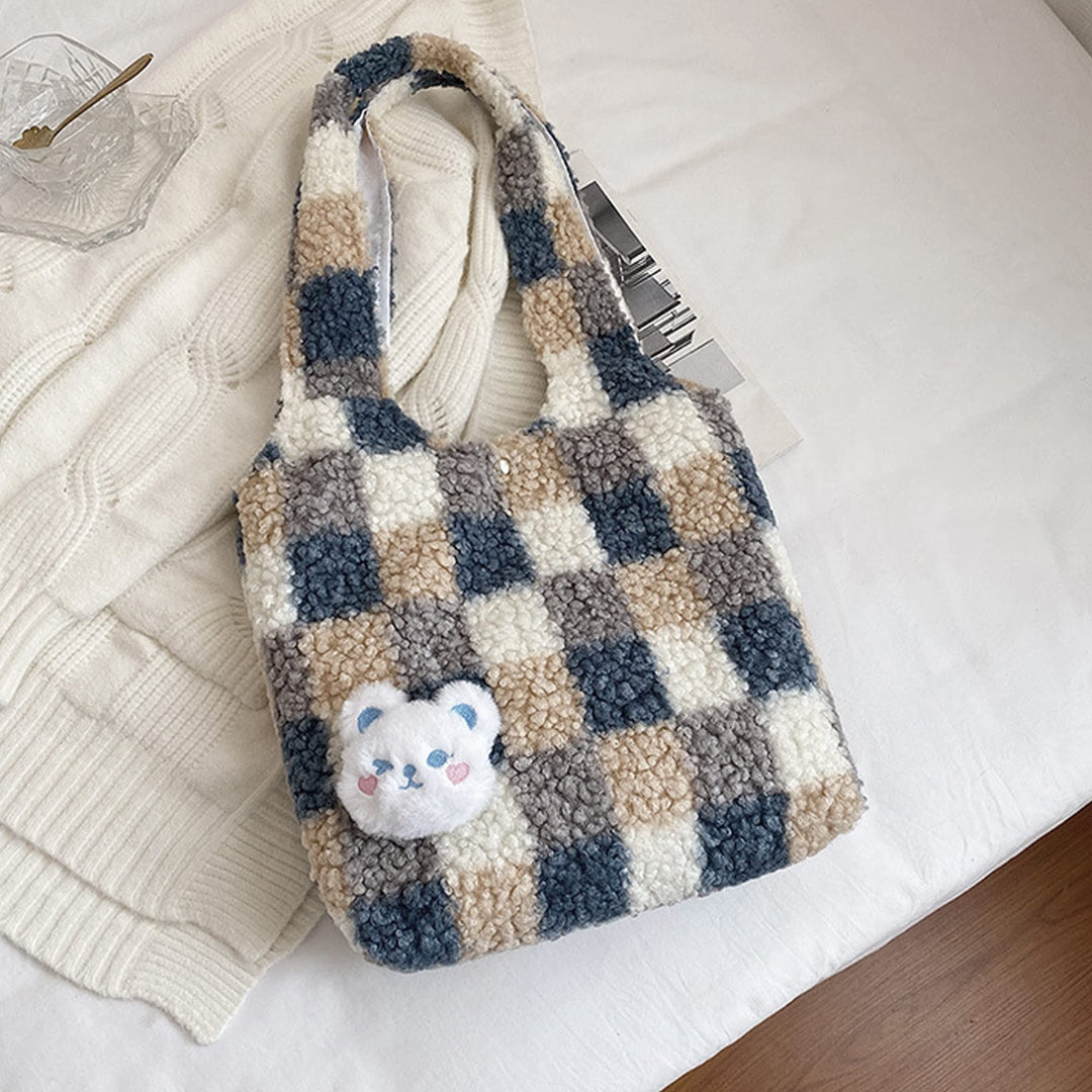 Women Girls Cute Bear Plush Shoulder Bag Large Tote Handbag Purse Faux Fur Shopping Dating Bag (6595+Blue)