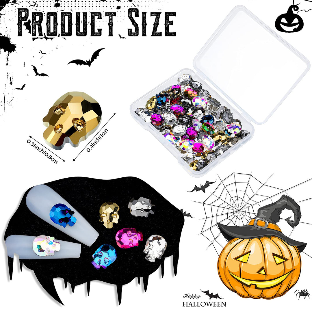 70 Pieces Punk Skull Nail Charms Halloween Nail Charms 3D Skull Head Nail Art Rhinestone Craft Punk Skull Rhinestone Craft Nail Charms Nail Art Jewelry Decoration for Halloween Nail Tip Decoration