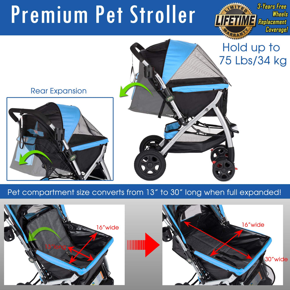 PET Rover Premium Heavy Duty Dog/Cat/Pet Stroller Travel Carriage with Convertible Compartment/Zipperless Entry/Reversible Handle Bar/Weather Resistance for Small, Medium and Large Pets (Blue)