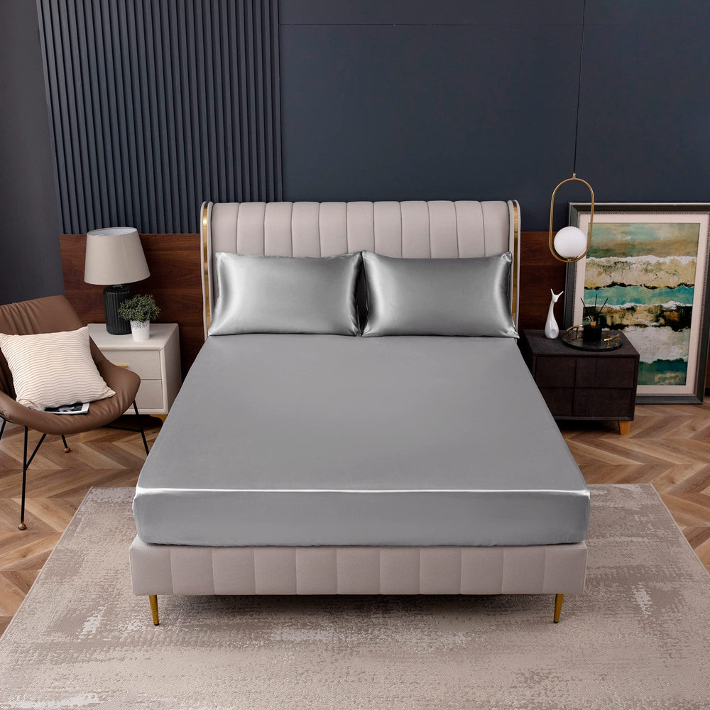 Homiest Light Grey Satin Fitted Sheet King Size Fitted 