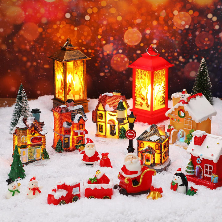 26 Pieces Christmas Village Sets Lighted Christmas Village Houses Xmas Light up Decorations Mini Village Accessories Christmas Collectible Buildings for Xmas Winter Decorations