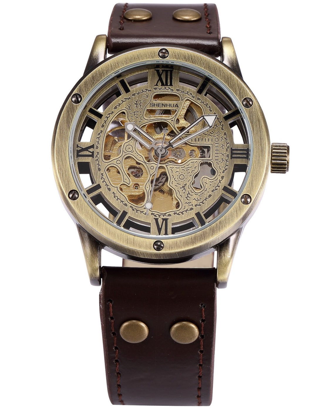 Vintage Bronze Roman Automatic Mechanical Men&#39;s Skeleton Brown Leather Strap Wrist Watch PMW362