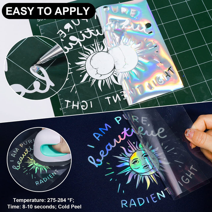 Holographic HTV Vinyl Roll 12 x5ft Silver Metallic Heat Transfer Vinyl Iron on Vinyl Easy to Cut &amp; Weed DIY Heat Press Design for T-Shirts