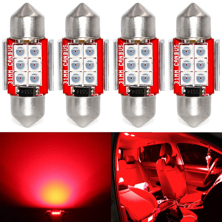 Super Bright DE3021 LED Red Bulb 3030 6-SMD Festoon 1.25 31mm DE3175 DE3022 Miniature LED Bulbs for Car Interior Door Map Dome Trunk Courtesy Light, Pack of 4