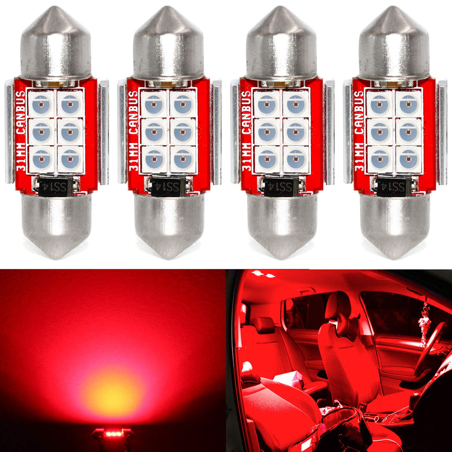 Super Bright DE3021 LED Red Bulb 3030 6-SMD Festoon 1.25 31mm DE3175 DE3022 Miniature LED Bulbs for Car Interior Door Map Dome Trunk Courtesy Light, Pack of 4