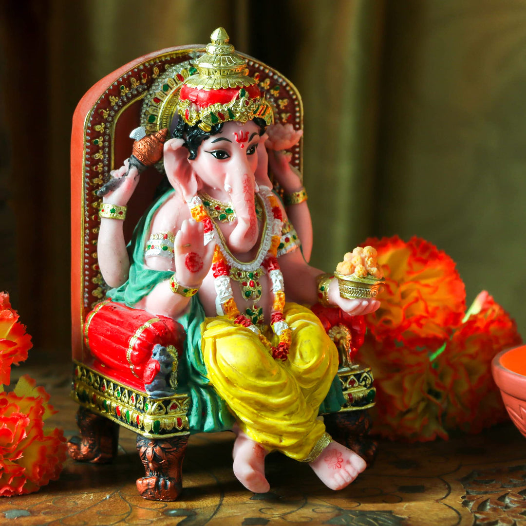 Hindu God Ganesha Statue Figurine - Indian Idol Sitting Lord Ganesh Statue India Murti Item Ganpati Home Office Temple Mandir Altar Pooja Gifts Diwali Puja Gifts