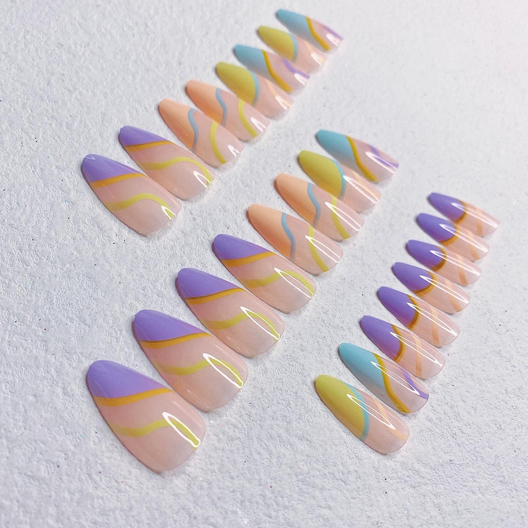 24 Pcs Press on Nails Medium, Fake Nails Almond Glue on Nails, False Nails with Glue, Acrylic Nails for Women and Girls (Colorful Swirl)