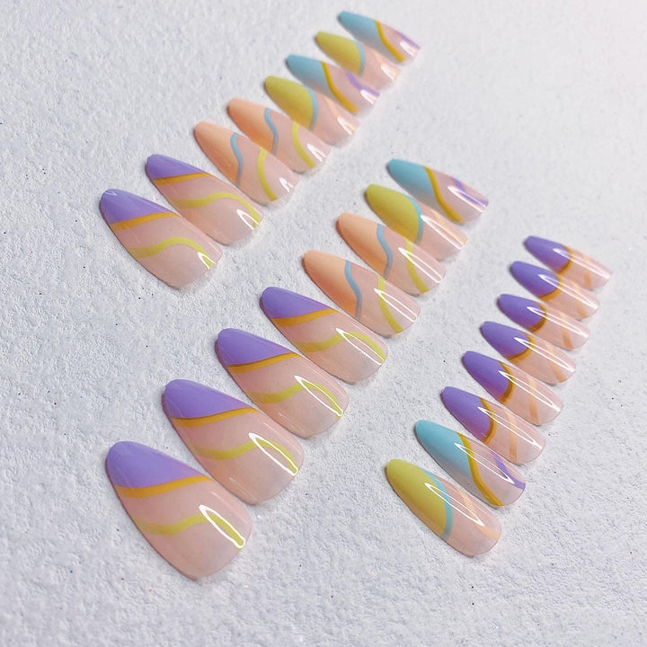 24 Pcs Press on Nails Medium, Fake Nails Almond Glue on Nails, False Nails with Glue, Acrylic Nails for Women and Girls (Colorful Swirl)