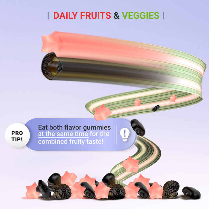 (120 Chews) Fruits and Veggies Supplement - Superfood Fruits and Veggies Gummies (9 Superfruits &amp; 30 Veggies) Mushrooms, Fruit and Vegetable Vitamins, Non-GMO, Pectin-Based, Gluten-Free, No Capsules