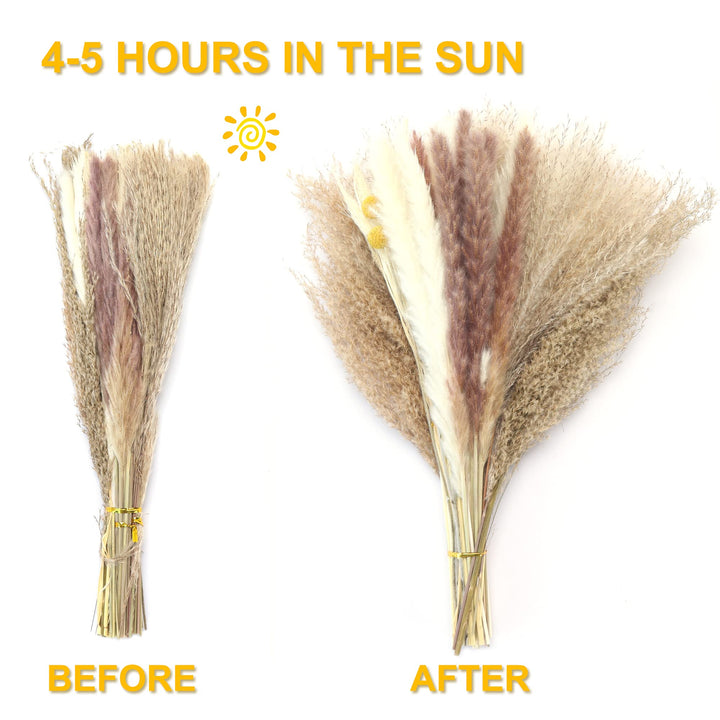65Pcs Pampas Grass,Large Fluffy Artificial Grass Decor Tall,Non Shedding Boho Natural Dried Pompass Branches,Pampas Plants Faux Reed Flower Stems Bunch for Wedding, Brown, 17 Inch