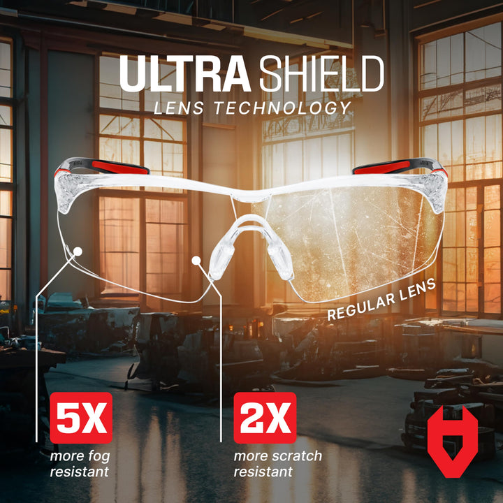 Clear Safety Glasses for Men and Women with Anti-Fog and Scratch Resistant Wrap Around Lenses, Adjustable Temples and Nose Pads — Certified ANSI Z87 Safety Glasses — 100% UV Protective Eyewear