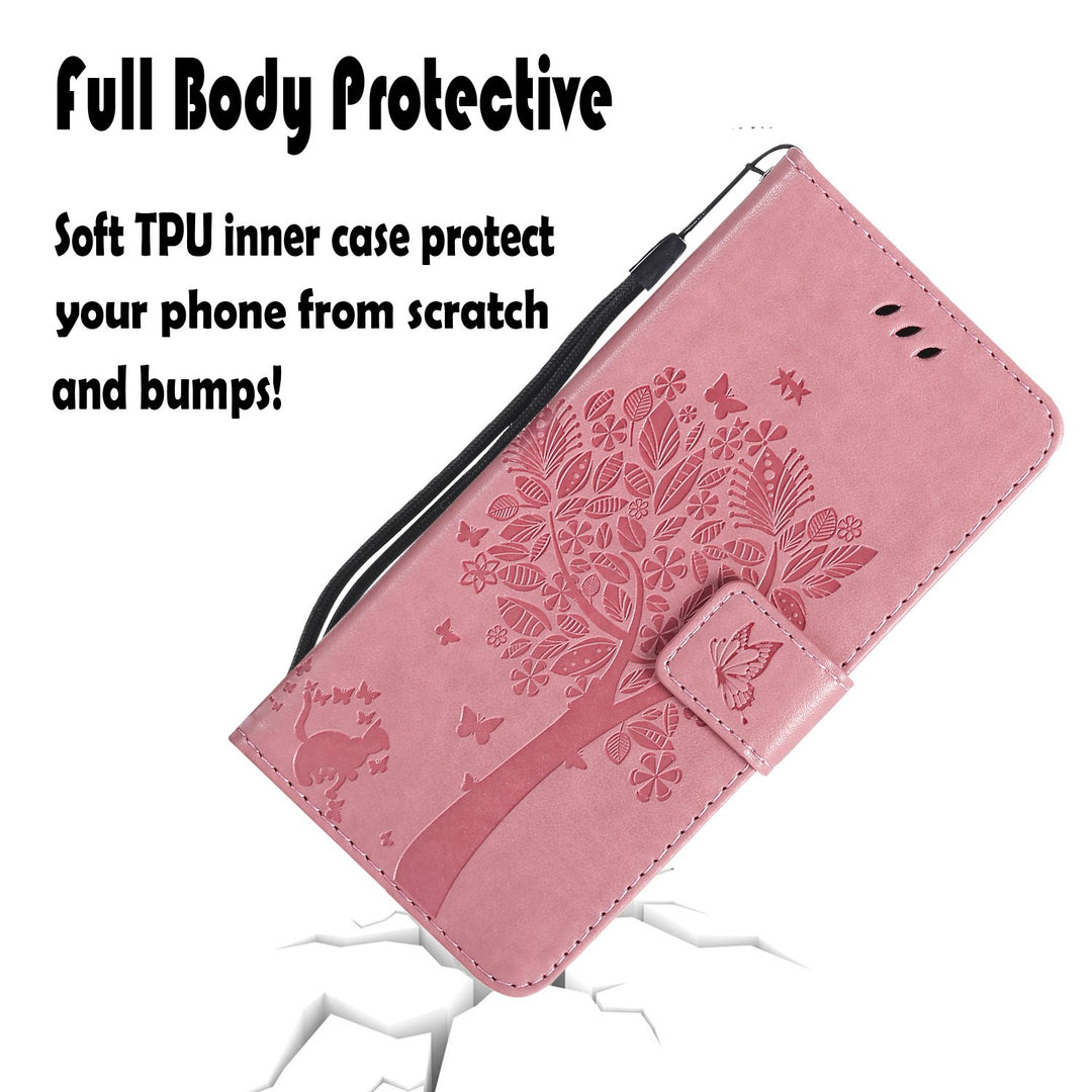 NOMO for iPhone XR Case,for iPhone XR Wallet Case,for iPhone XR Flip Case PU Leather Emboss Tree Cat Flowers Folio Magnetic Kickstand Cover with Card Slots for iPhone XR (6.1 inch) Release, Pink
