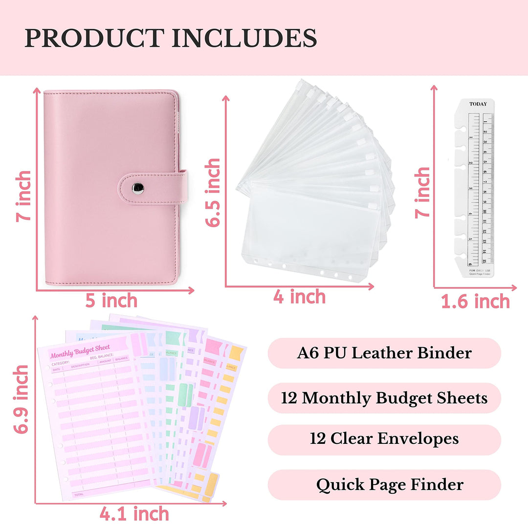 Budget Binder With Zipper Envelopes - A6 Budget Binder Wallet, Bulk Cash Envelope &amp; Budget Planner Expense Sheets, Money saving binder Budget Book, Money binder, organizer &amp; cash stuffing-Pink Leather