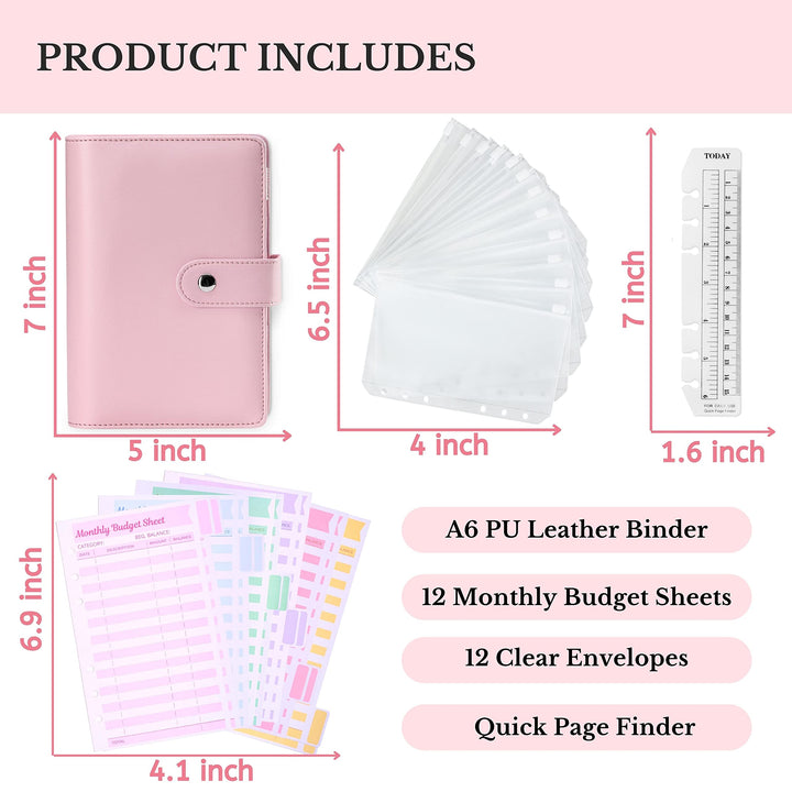 Budget Binder With Zipper Envelopes - A6 Budget Binder Wallet, Bulk Cash Envelope &amp; Budget Planner Expense Sheets, Money saving binder Budget Book, Money binder, organizer &amp; cash stuffing-Pink Leather