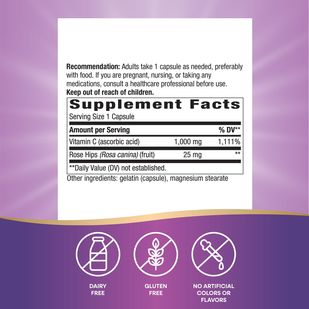 Vitamin C with Rose Hips; 1000 mg Vitamin C per Serving; 250 Capsules