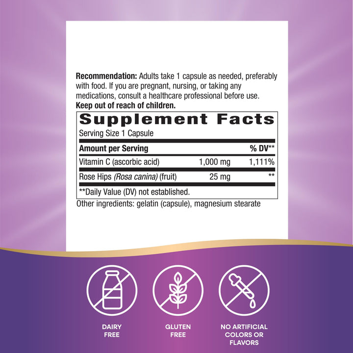 Nature&#39;s Way Vitamin C with Rose Hips; 1000 mg Vitamin C per Serving; 250 Capsules