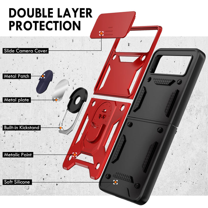 AKABIKE 10 Cent Z Flip4/3 Heavy Duty Shockproof Cam Shield Armor Case with Kickstand Ring Holder for Samsung Galaxy Z Flip 4 5G (2022)/ Z Flip 3 5G (2021), Drop Tested, TPU & PC Combination(Red)