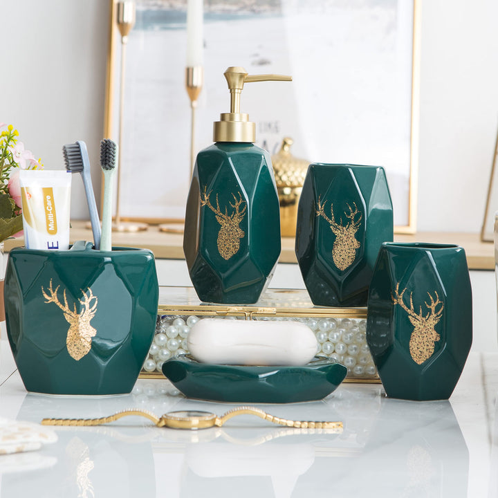 5 Pieces Ceramic Bathroom Accessories Set, Bathroom Vanity Countertop Accessory Set, Include Soap Dispenser, Toothbrush Holder, 2 Tumbler, Soap Dish, Color: Hunter Dark Green…