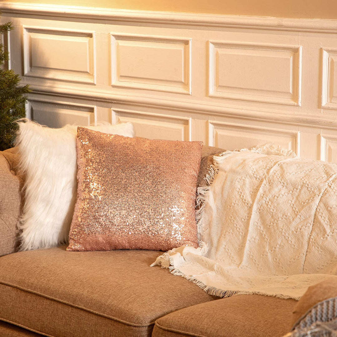 Irenare 4 Pcs Sequin and Fluffy Pillow Covers Winter Fa