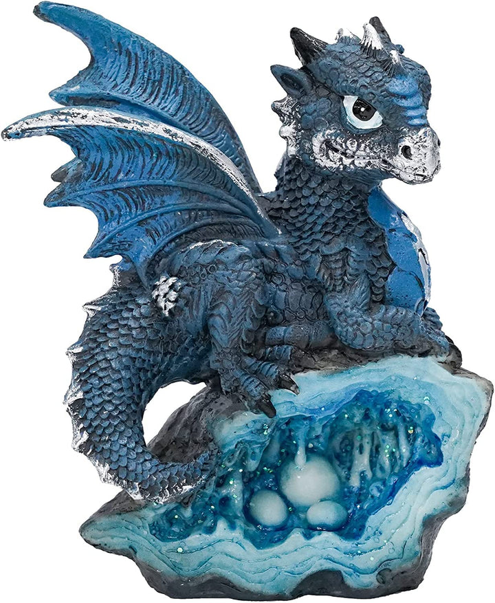 Blue Medieval Baby Dragon with Crystal Egg Nest Decorative Figurine