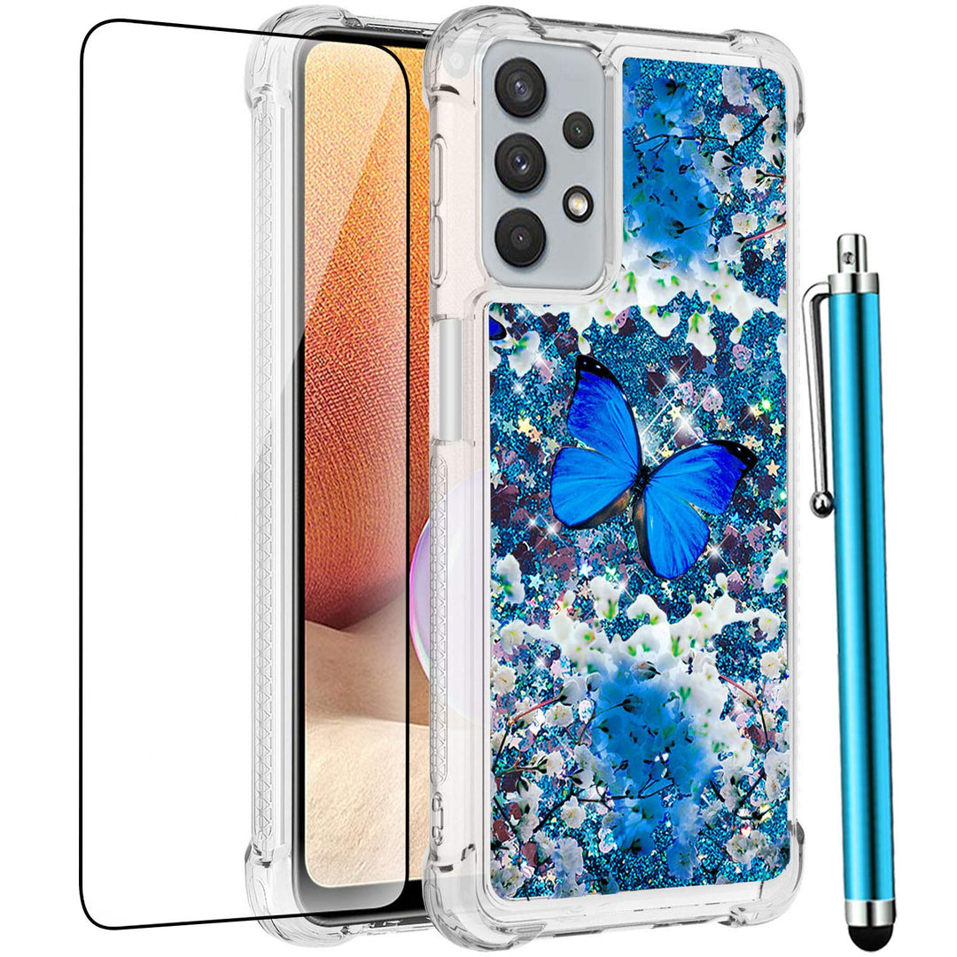 for Samsung Galaxy A32 5G Case (Not fit A32 4G) with Tempered Glass Screen Protector,Women Girls Glitter Bling Floating Liquid Sparkle Cute Soft TPU Protective for Samsung Galaxy A32-Butterfly