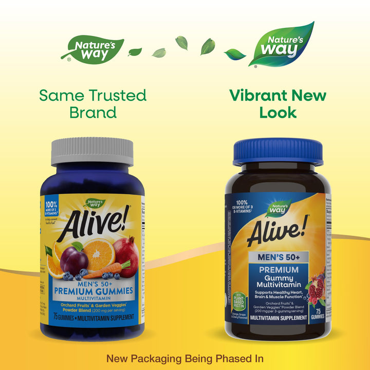 Nature’s Way Alive! Men’s 50+ Premium Gummy Multivitamin, Supports Healthy Heart, Brain &amp; Muscle Function*, B-Vitamins, Vegetarian, Grape, Orange and Cherry Flavored, 75 Gummies (Packaging May Vary)