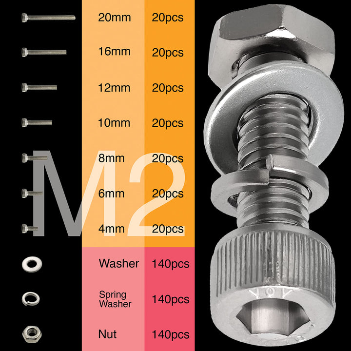 M2 540pcs Hex Socket Head Cap Screws Nuts Bolts Kit Stainless Steel M2 x 4 6 8 10 12 16 20 mm Screws Assortment Set with Assorted Washer Spring Washer and Nuts, Individual Slots and lids
