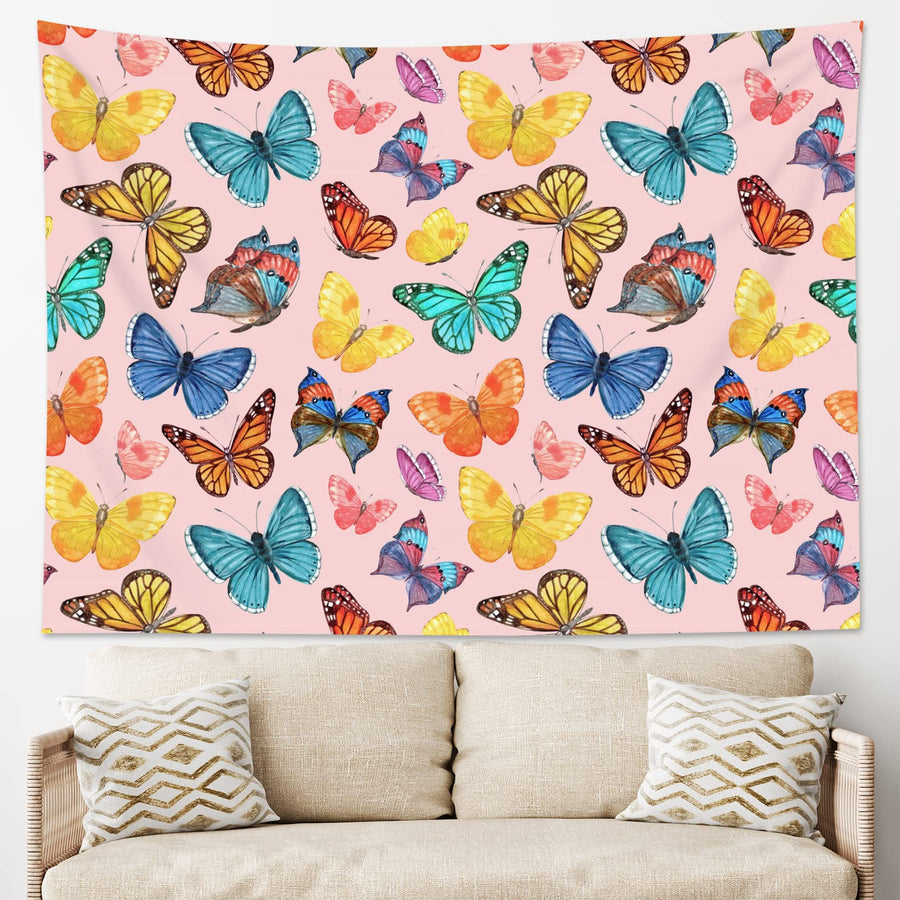 Butterfly Tapestry Colorful Butterflies Moth Tapestry Wall Hanging Rustic Insect on Pink Background Aesthetic Art Tapestry for Girls Bedroom Living Room Dorm Home Decor, 60Wx40H Inches