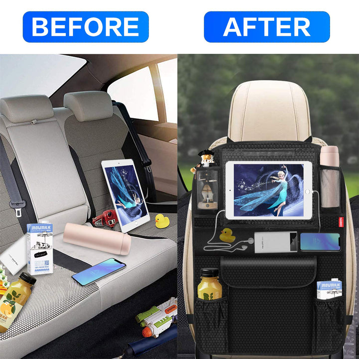 BANNIO Car Backseat Organizer,(2 Pack) Car Back Seat Storage Organizer, Kick Mat Seat Protector with 11 Tablet Holder for Kids Toddlers,8 Storage Pockets,Travel Accessories,Black