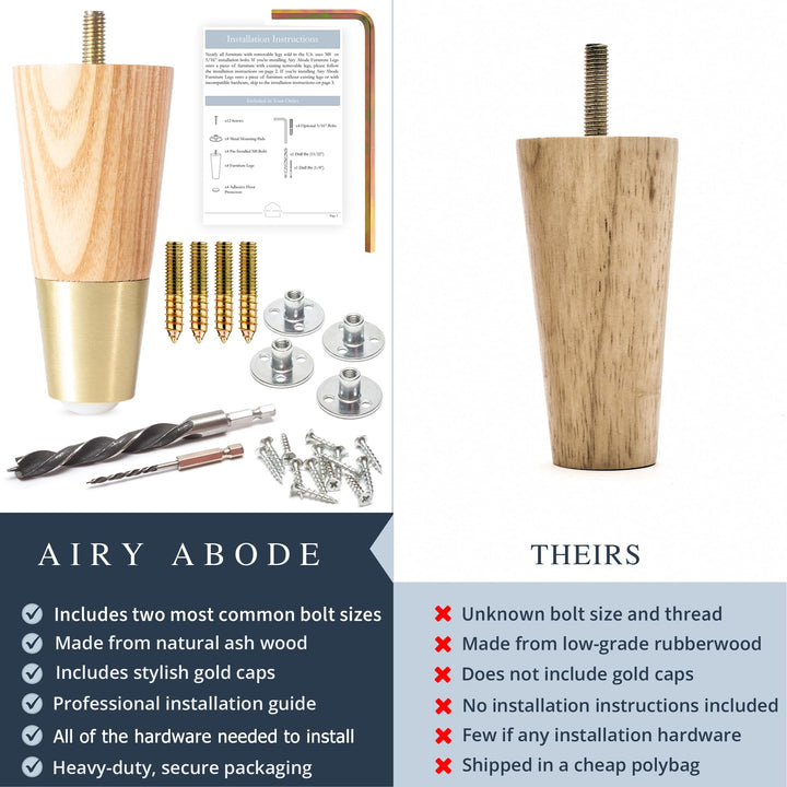Ash Wood Furniture Legs With Gold Caps - Mid Century Legs For Sofa, Chair, Table, Dresser, Bed, Cabinet, Ottoman - Wooden Legs Are Easy To Install &amp; Include Installation Hardware - Set of 4, 6 Inches